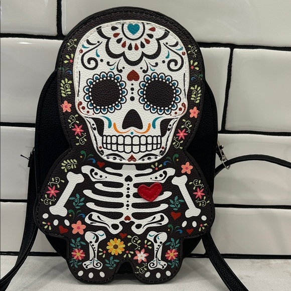 Sleepyville Critters Floral Sugar Skull Skeleton Bones Cross Body Bag Purse EUC! - Picture 11 of 13